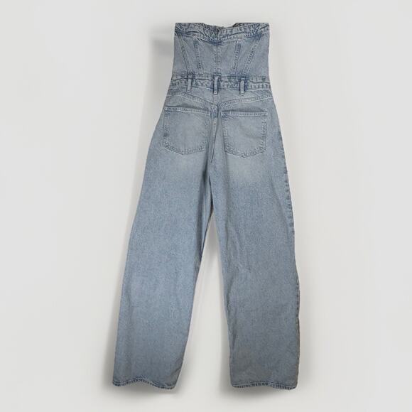 Zara Jumpsuit Womens Size Medium Blue Denim Stretch Strapless Wide Leg Baggy - Picture 5 of 11